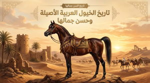 بوابة الخيل  A glossy brown Arabian horse with an ornate saddle stands on a rocky desert foreground, with palm trees, ancient ruins, and a caravan at sunset; Arabic title about the history and beauty of purebred Arabian horses.