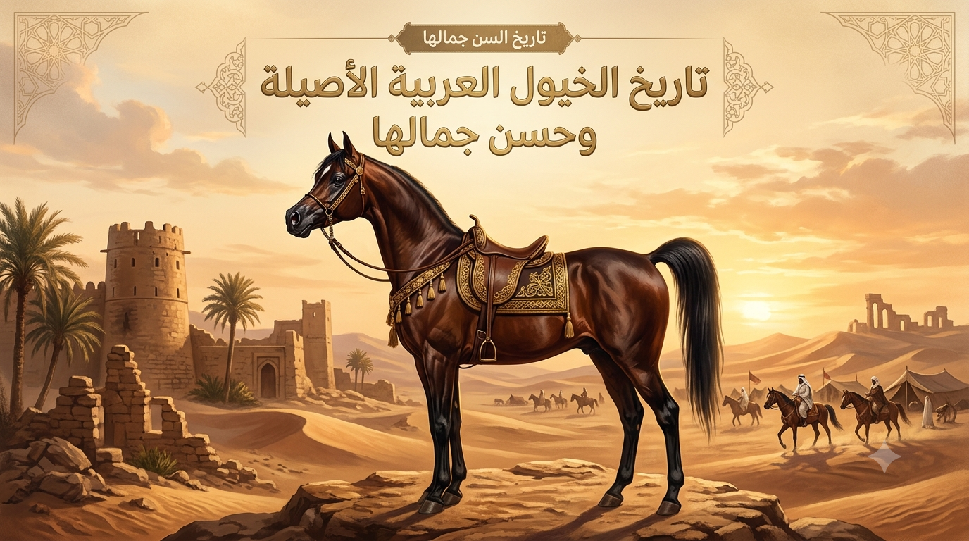 Gemini_Generated_Image_otik2ootik2ootik - بوابة الخيل بوابة الخيل A glossy brown Arabian horse with an ornate saddle stands on a rocky desert foreground, with palm trees, ancient ruins, and a caravan at sunset; Arabic title about the history and beauty of purebred Arabian horses.