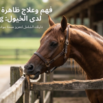 بوابة الخيل  Horse at a stable leaning over a wooden fence, with an Arabic title about understanding and treating cribbing in horses and a subtitle about holistic health.