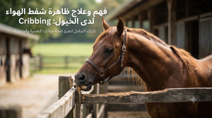 بوابة الخيل  Horse at a stable leaning over a wooden fence, with an Arabic title about understanding and treating cribbing in horses and a subtitle about holistic health.