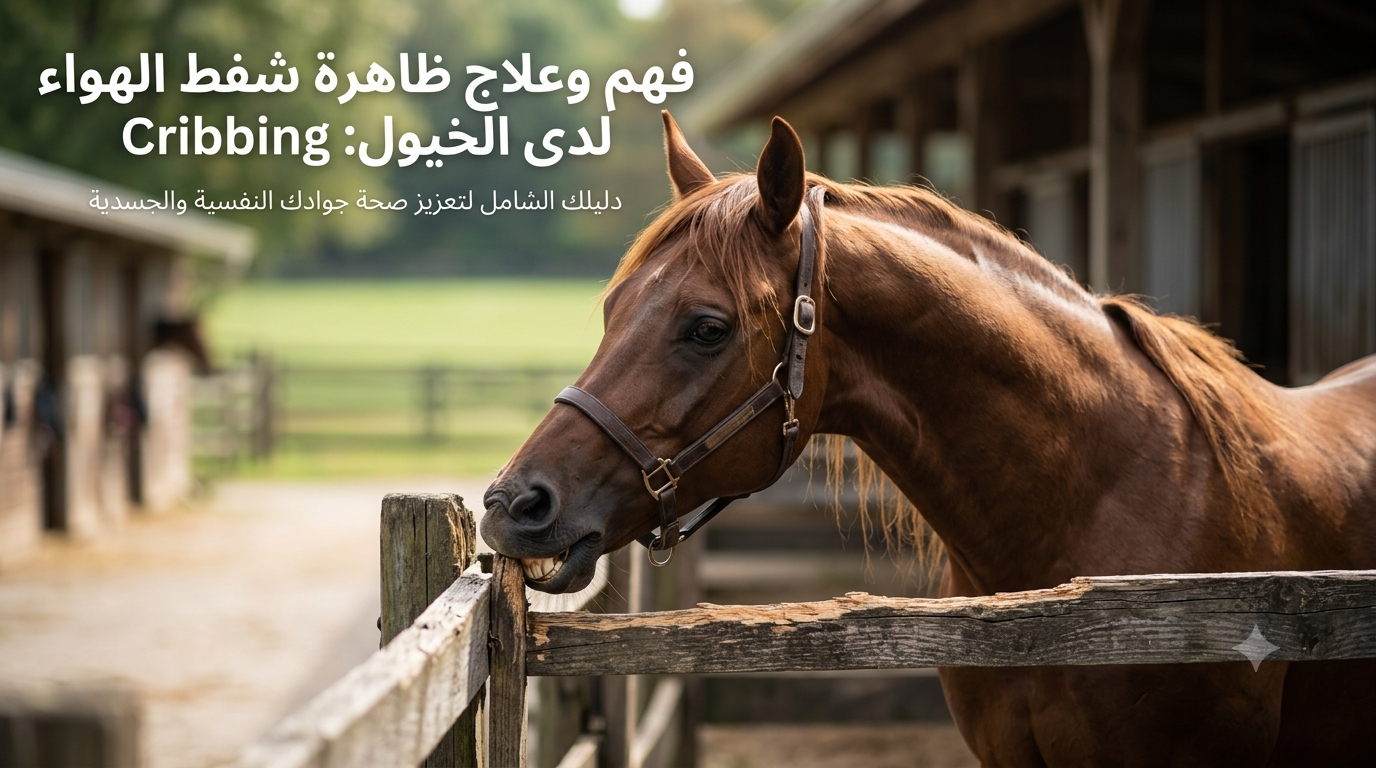 Horse at a stable leaning over a wooden fence, with an Arabic title about understanding and treating cribbing in horses and a subtitle about holistic health.
