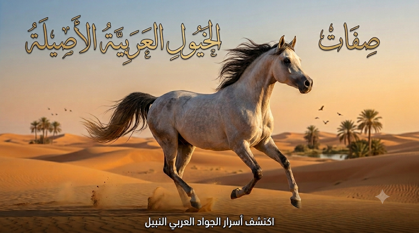 Gemini_Generated_Image_xsaj5dxsaj5dxsaj - بوابة الخيل بوابة الخيل A white Arabian horse galloping across golden desert dunes with palm trees and birds in the background; Arabic script runs across the top and bottom of the image. Bottom text reads: 'Discover the secrets of noble Arabian generosity.'