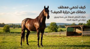 بوابة الخيل  حصان بني واقف في مرج أخضر بجوار حظيرة، مع عنوان بالعربية عن حماية الحصان من حرارة الصيف وصحة فرائه في الجو الحارط.